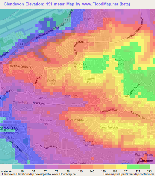 Glendevon,Jamaica Elevation Map