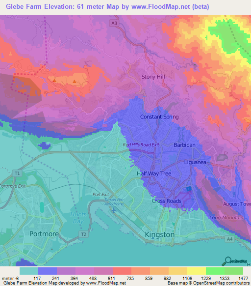 Glebe Farm,Jamaica Elevation Map