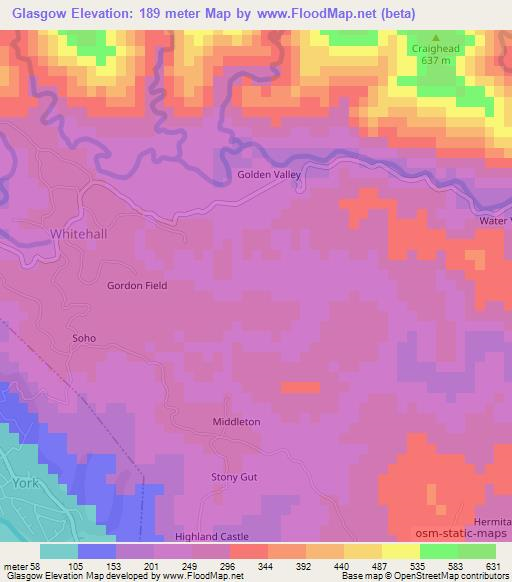 Glasgow,Jamaica Elevation Map