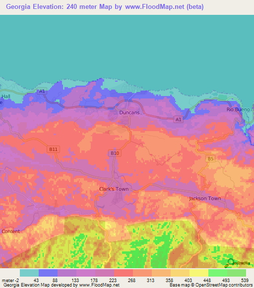 Georgia,Jamaica Elevation Map