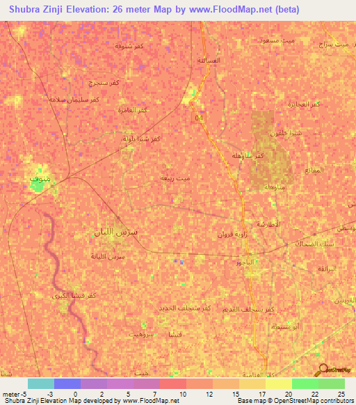 Shubra Zinji,Egypt Elevation Map