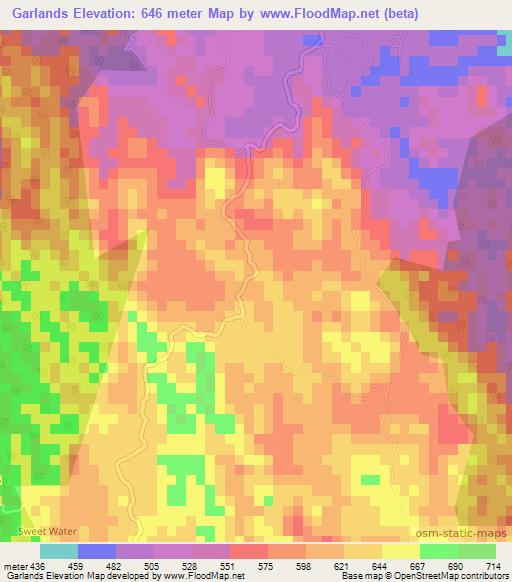 Garlands,Jamaica Elevation Map