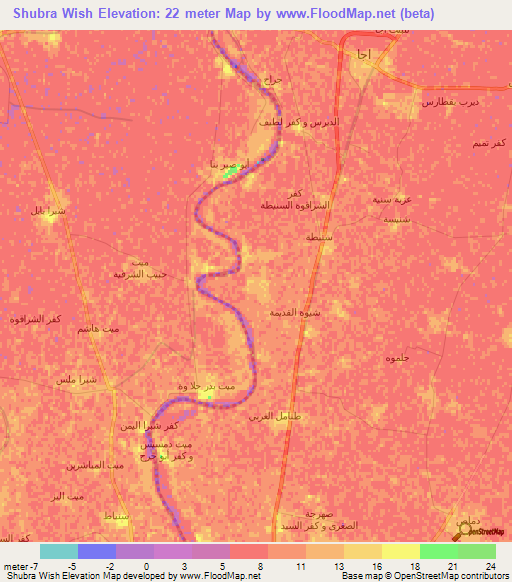 Shubra Wish,Egypt Elevation Map