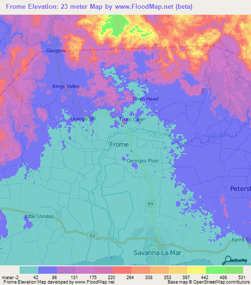 Frome,Jamaica Elevation Map