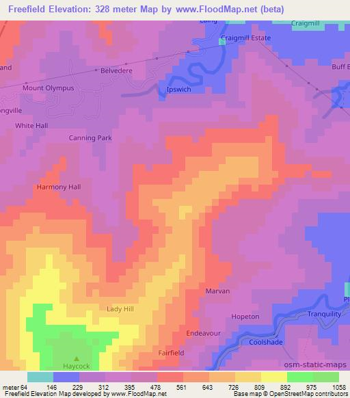 Freefield,Jamaica Elevation Map