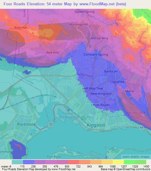 Four Roads,Jamaica Elevation Map