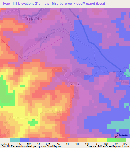 Font Hill,Jamaica Elevation Map