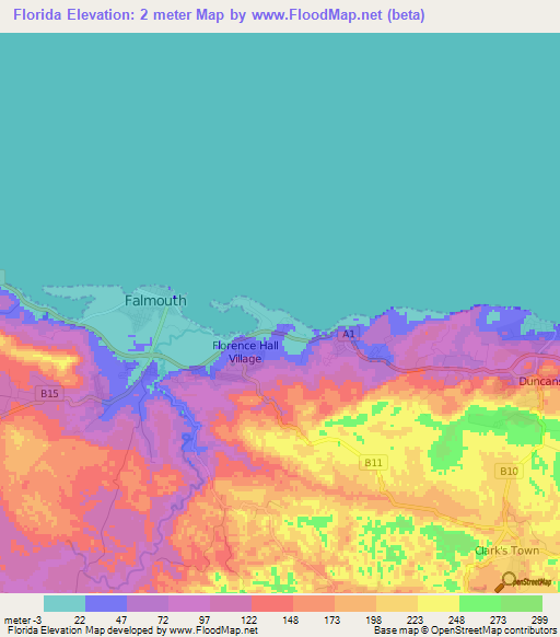 Florida,Jamaica Elevation Map