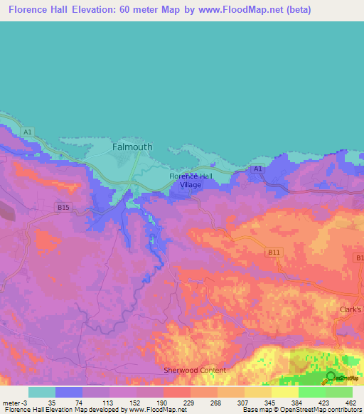 Florence Hall,Jamaica Elevation Map