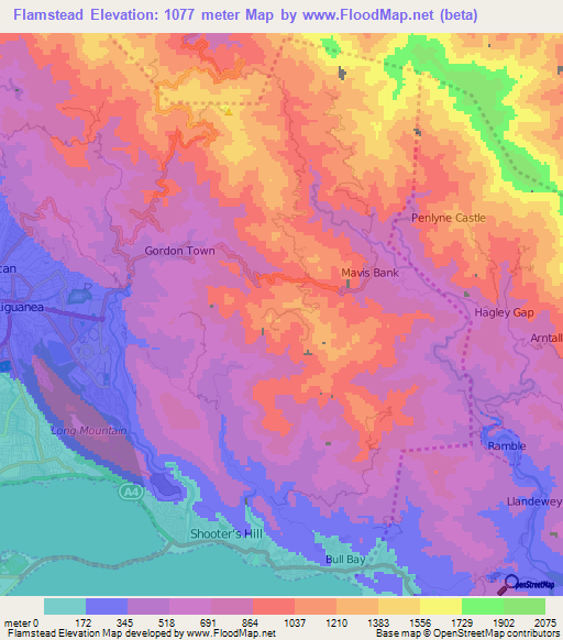 Flamstead,Jamaica Elevation Map