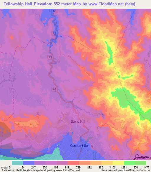 Fellowship Hall,Jamaica Elevation Map