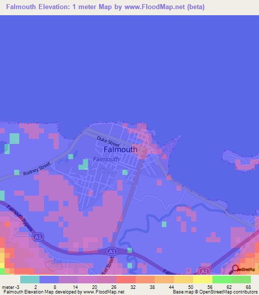 Falmouth,Jamaica Elevation Map