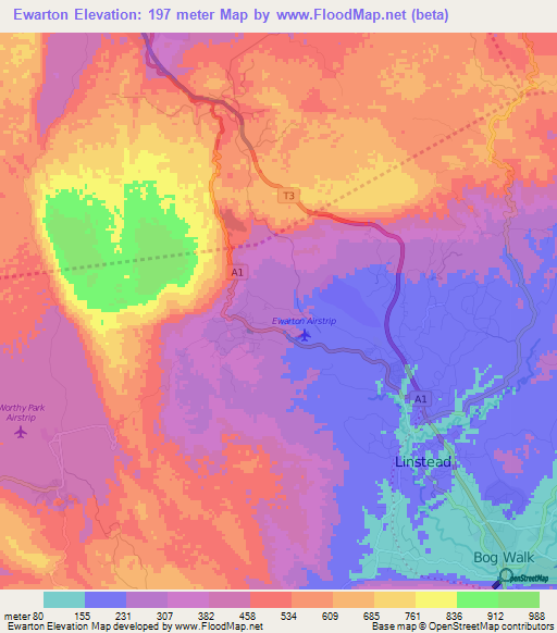 Ewarton,Jamaica Elevation Map