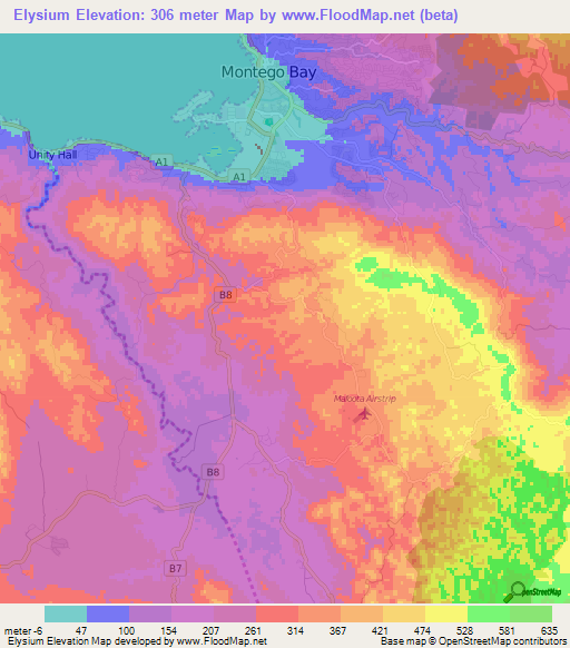 Elysium,Jamaica Elevation Map