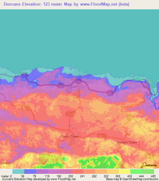 Duncans,Jamaica Elevation Map