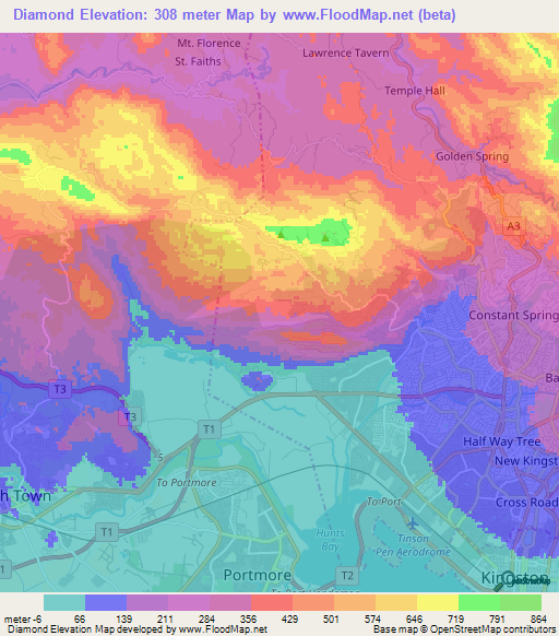 Diamond,Jamaica Elevation Map