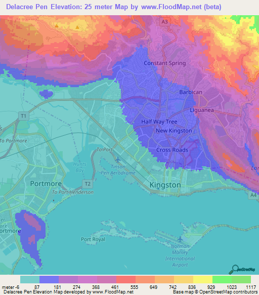 Delacree Pen,Jamaica Elevation Map