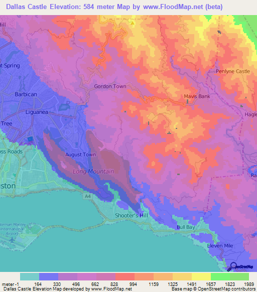 Dallas Castle,Jamaica Elevation Map