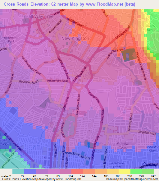 Cross Roads,Jamaica Elevation Map