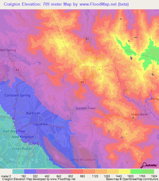 Craigton,Jamaica Elevation Map
