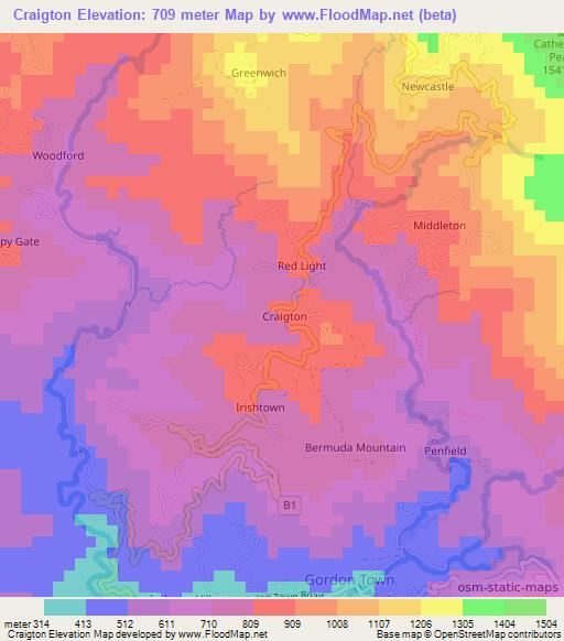 Craigton,Jamaica Elevation Map