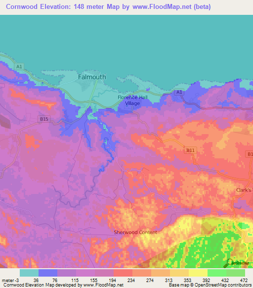 Cornwood,Jamaica Elevation Map