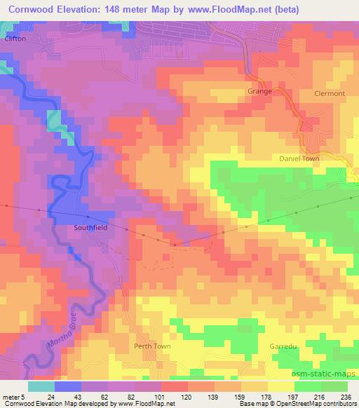 Cornwood,Jamaica Elevation Map