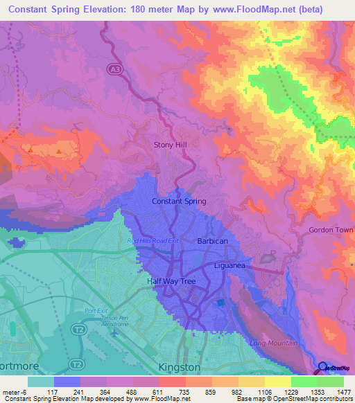 Constant Spring,Jamaica Elevation Map