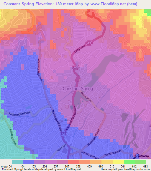 Constant Spring,Jamaica Elevation Map