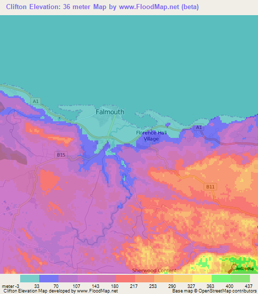 Clifton,Jamaica Elevation Map