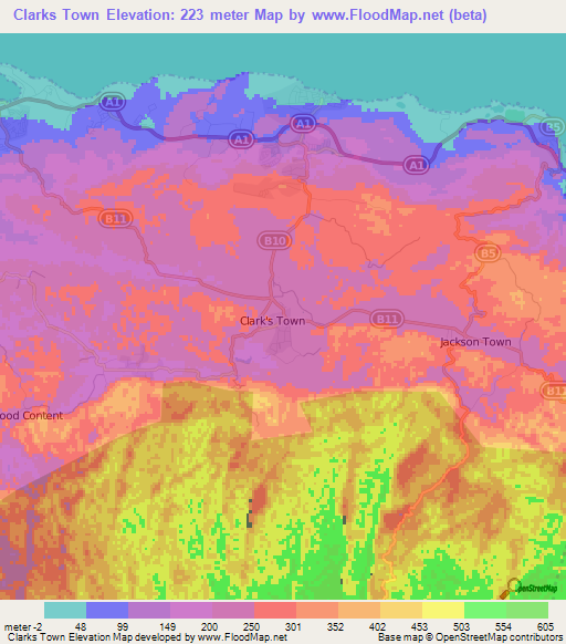 Clarks Town,Jamaica Elevation Map