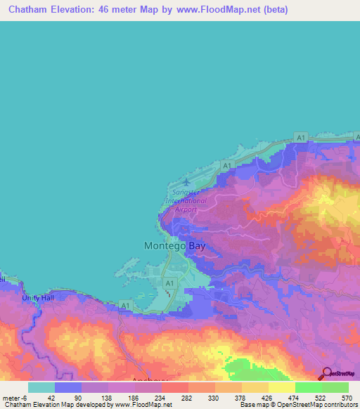 Chatham,Jamaica Elevation Map