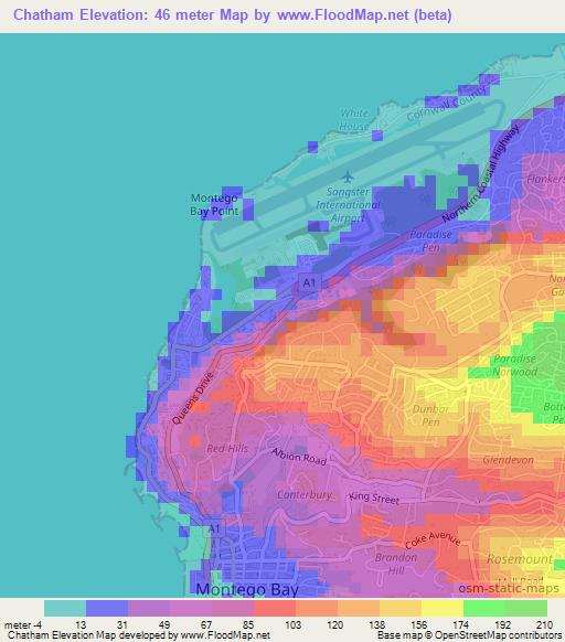 Chatham,Jamaica Elevation Map