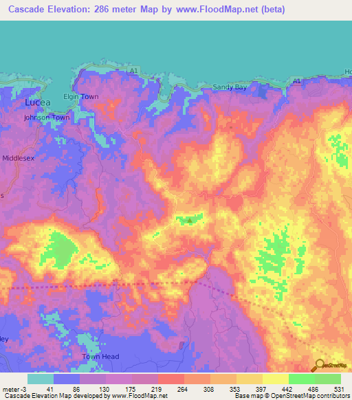 Cascade,Jamaica Elevation Map