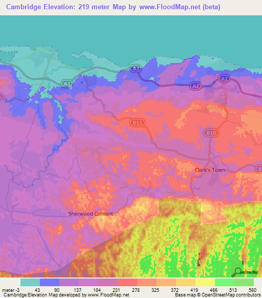 Cambridge,Jamaica Elevation Map