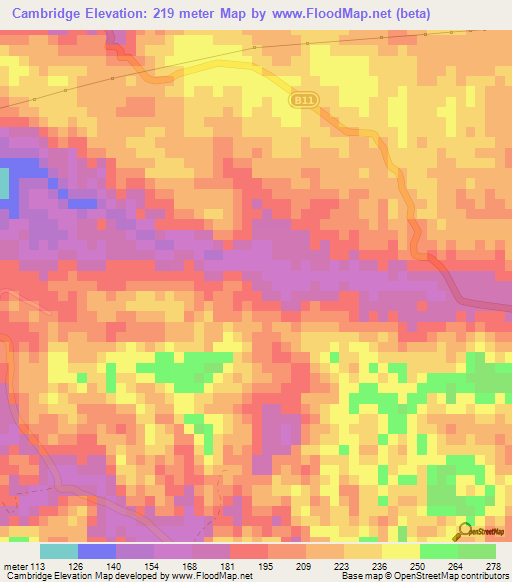 Cambridge,Jamaica Elevation Map