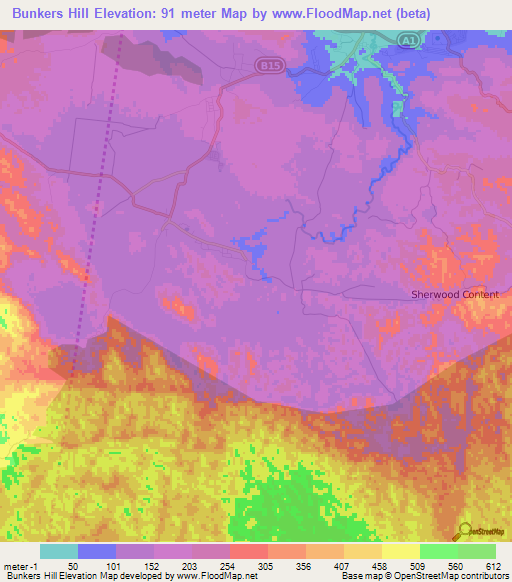 Bunkers Hill,Jamaica Elevation Map