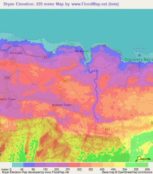 Bryan,Jamaica Elevation Map