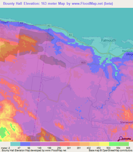 Bounty Hall,Jamaica Elevation Map