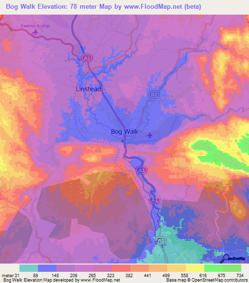 Bog Walk,Jamaica Elevation Map