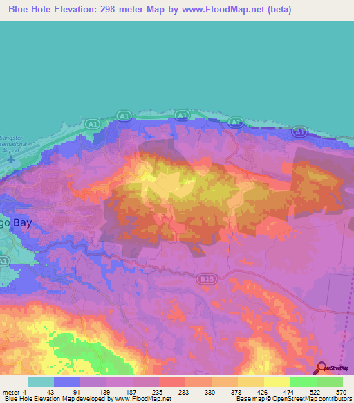 Blue Hole,Jamaica Elevation Map