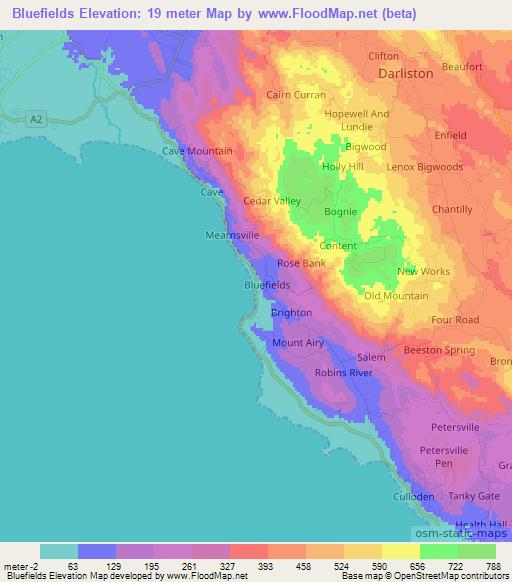 Bluefields,Jamaica Elevation Map