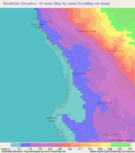 Bluefields,Jamaica Elevation Map