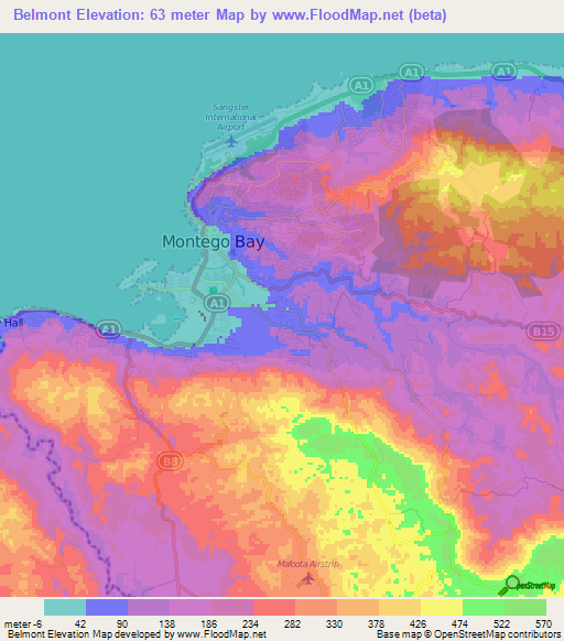 Belmont,Jamaica Elevation Map