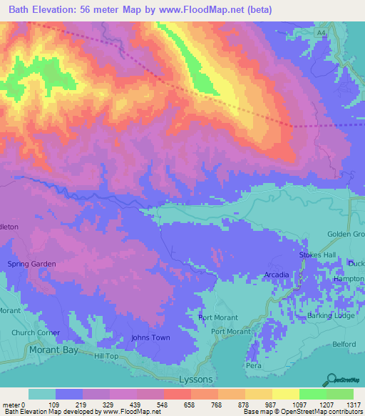 Bath,Jamaica Elevation Map