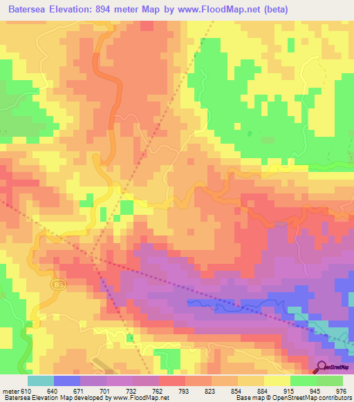 Batersea,Jamaica Elevation Map