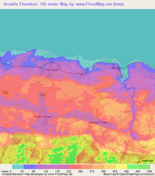 Arcadia,Jamaica Elevation Map