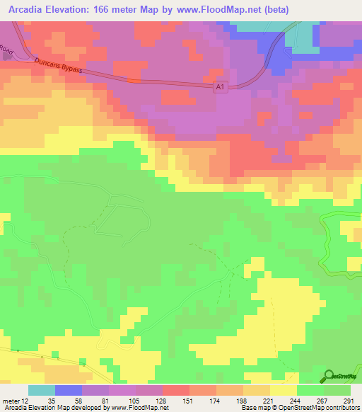 Arcadia,Jamaica Elevation Map