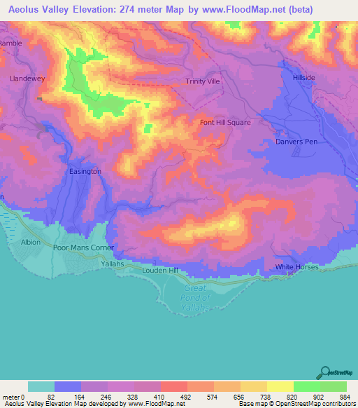 Aeolus Valley,Jamaica Elevation Map