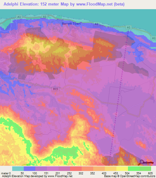 Adelphi,Jamaica Elevation Map